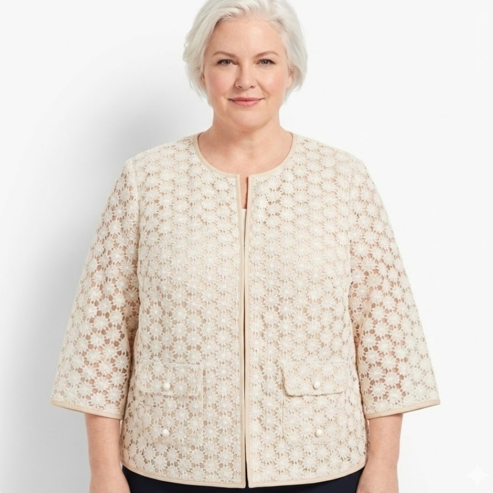 TALBOTS  Cream White Open Front Jacket Blazer Floral‎ Lace Overlay 16P Plus Size